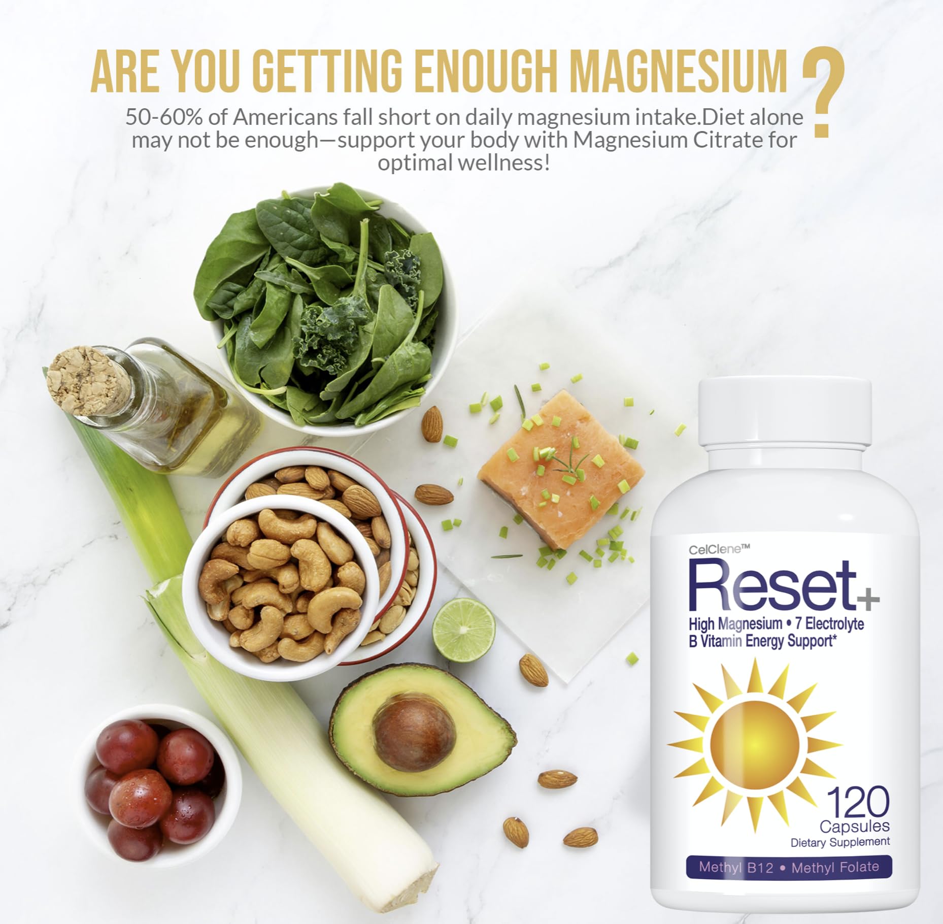 CELCLENE Reset+ ingredients list reveals magnesium, B vitamins, and green tea extract for vitality.