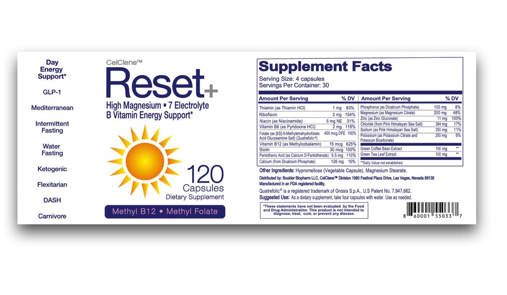CELCLENE Reset+ glass with scoop suggests precise daily dosing for hydration routines.