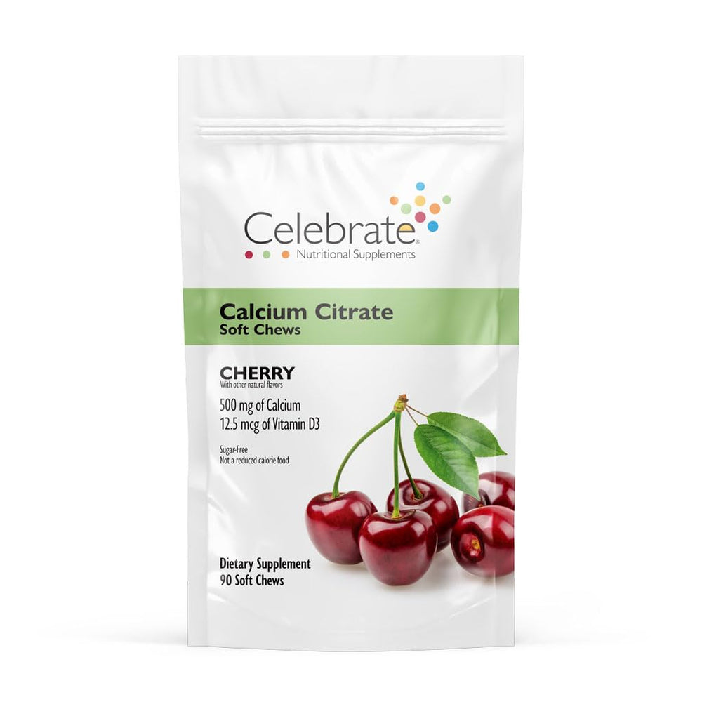 Celebrate Bariatric calcium citrate soft chews in cherry flavor for easy daily bone support.