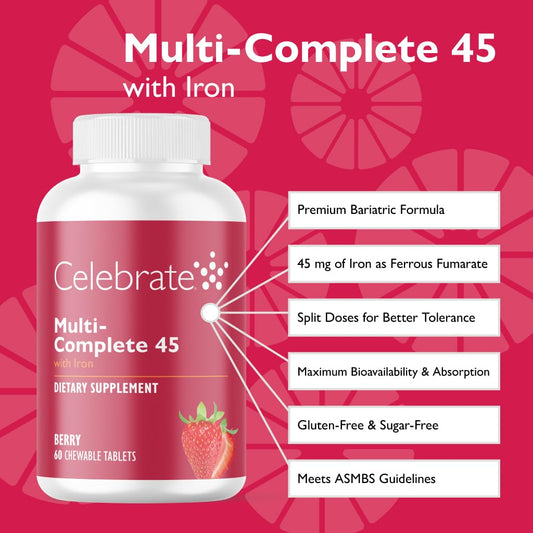 Celebrate Bariatric 45mg Iron bottle closeup emphasizes split dose iron for tolerance