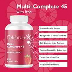 Celebrate Bariatric 45mg Iron bottle closeup emphasizes split dose iron for tolerance