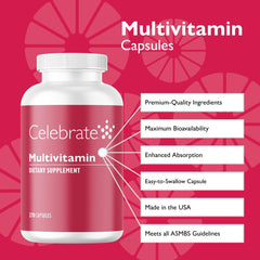 Celebrate bariatric multivitamin packaging highlights easy-to-swallow capsules.