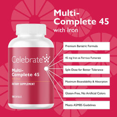 Celebrate Iron 45mg split-dose capsules for improved iron tolerance and daily intake