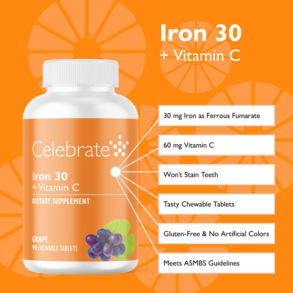Celebrate Vitamins iron chewable tablets in grape, easy post-surgery option.