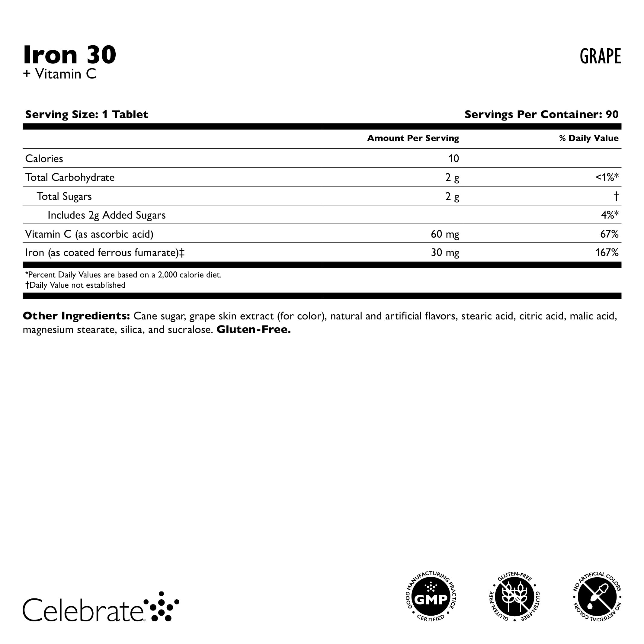 Celebrate Vitamins iron with vitamin C highlights absorption support.