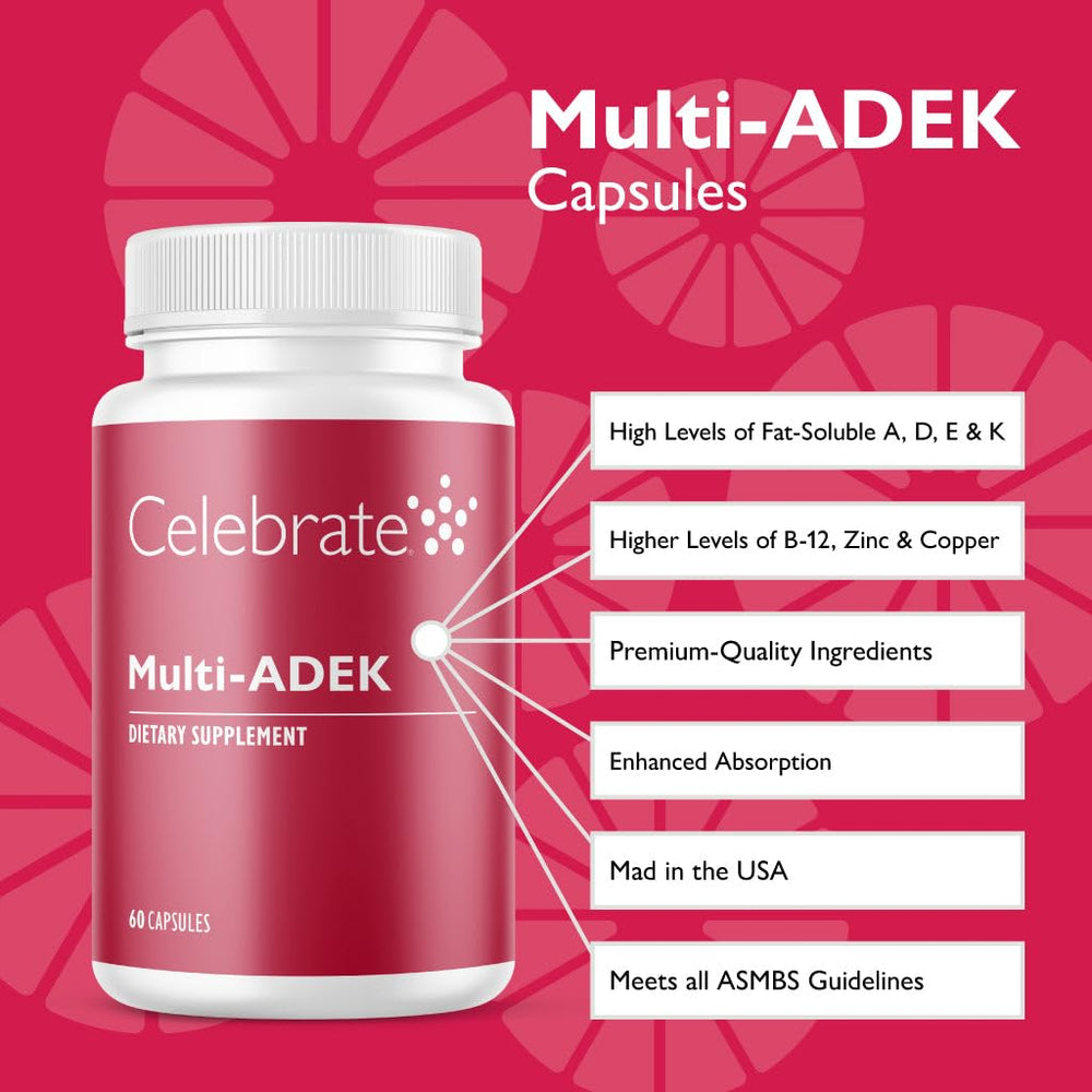Celebrate Multi ADEK iron-free capsules close-up highlighting easy daily intake.