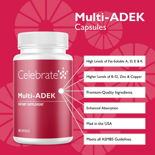 Celebrate Multi ADEK iron-free capsules close-up highlighting easy daily intake.