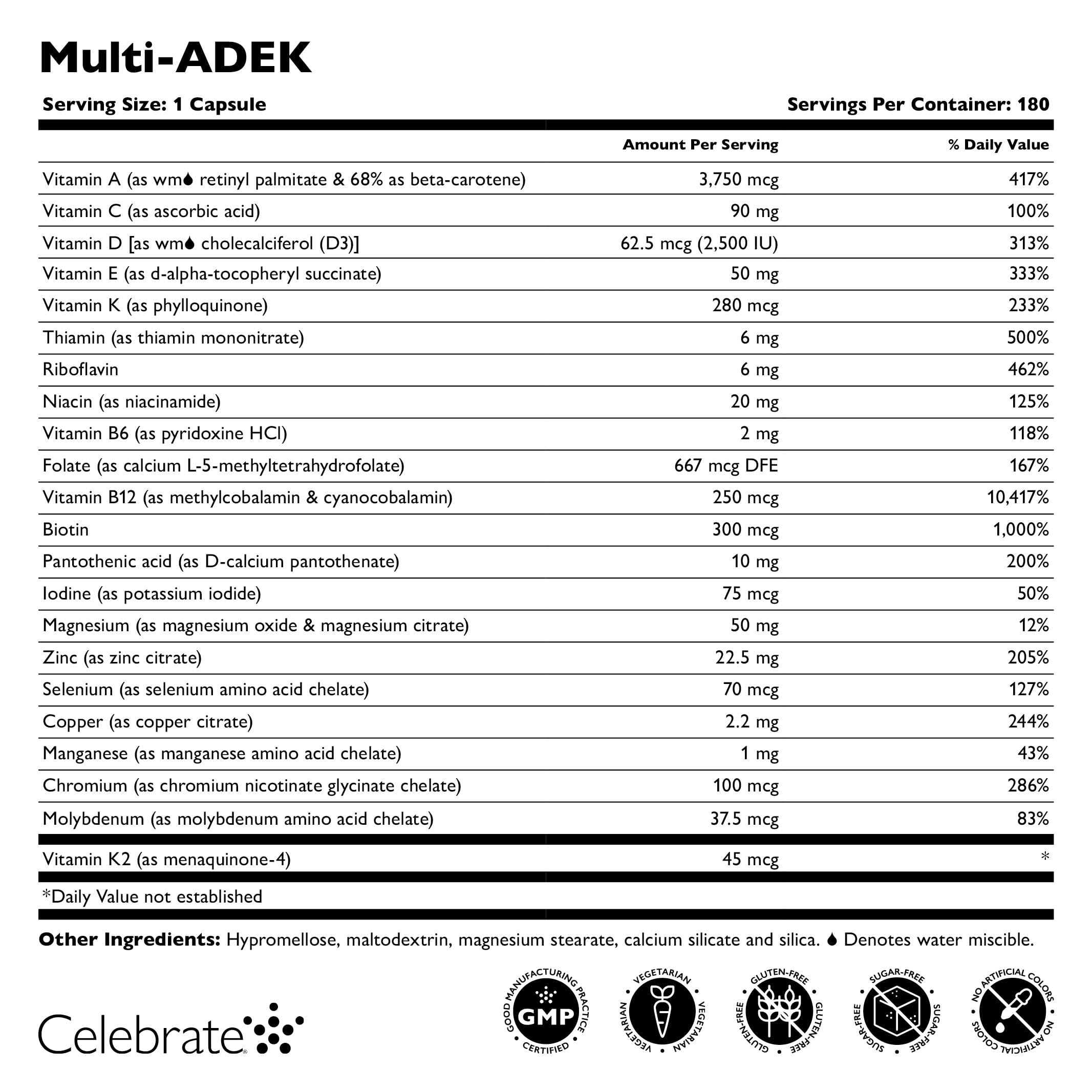 Celebrate Vitamins Multi ADEK label close-up emphasizing high-absorption formulation.