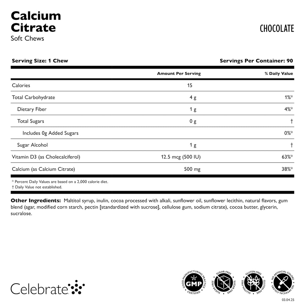 Calcium citrate soft chew by Celebrate Vitamins, chocolate, vitamin D3 for calcium absorption