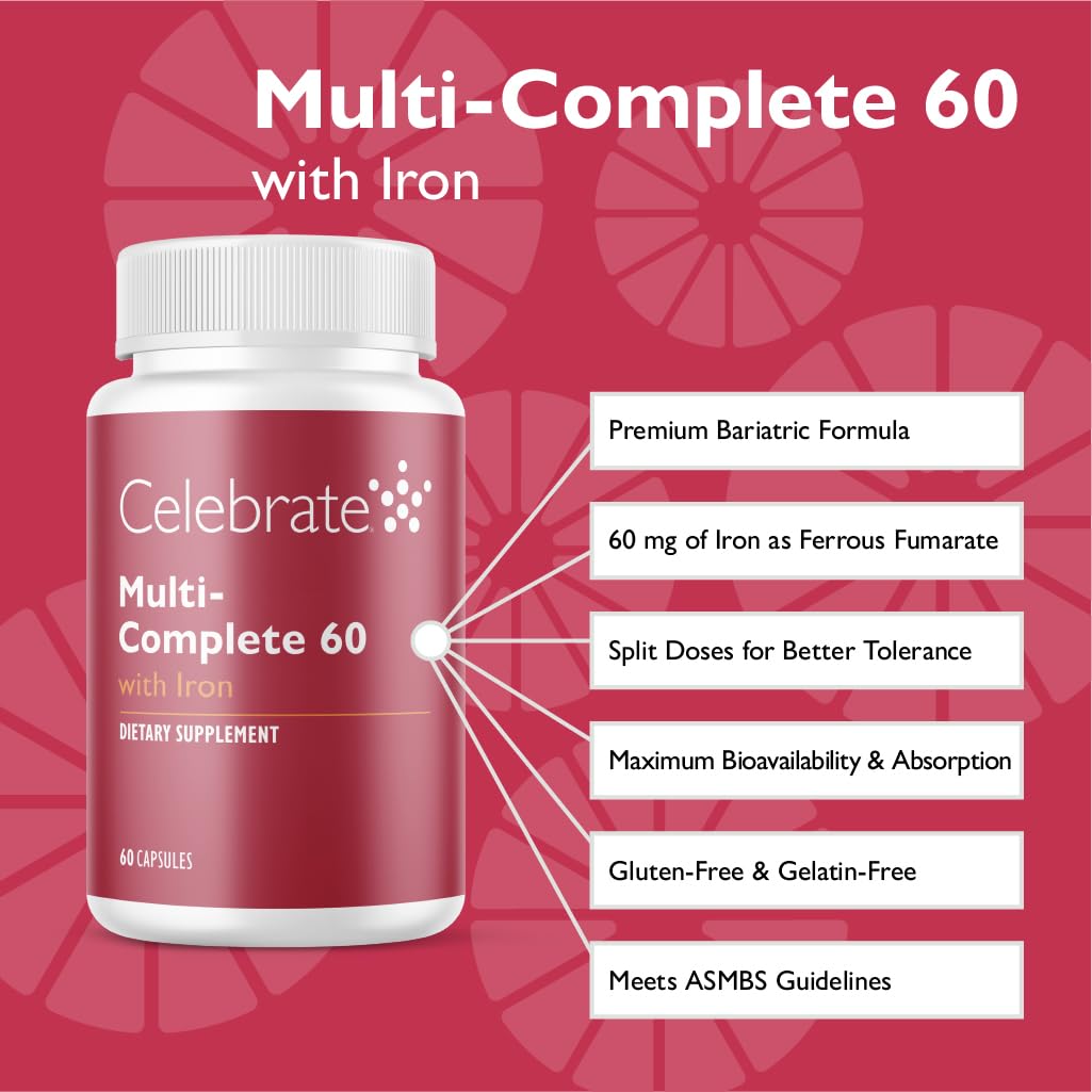 Celebrate Bariatric Supplements Celebrate Vitamins Multi-Complete 60mg Iron capsules—convenient daily dose.