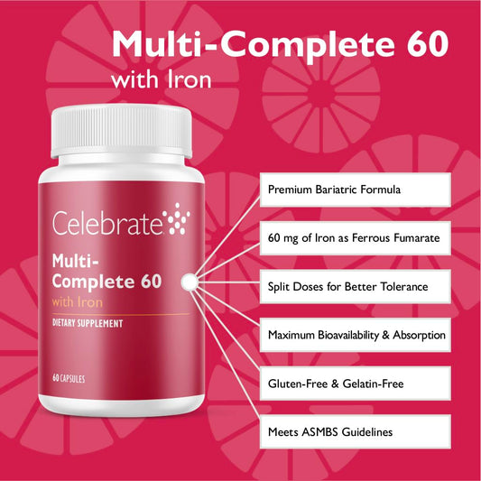 Celebrate Bariatric Supplements Celebrate Vitamins Multi-Complete 60mg Iron capsules—convenient daily dose.