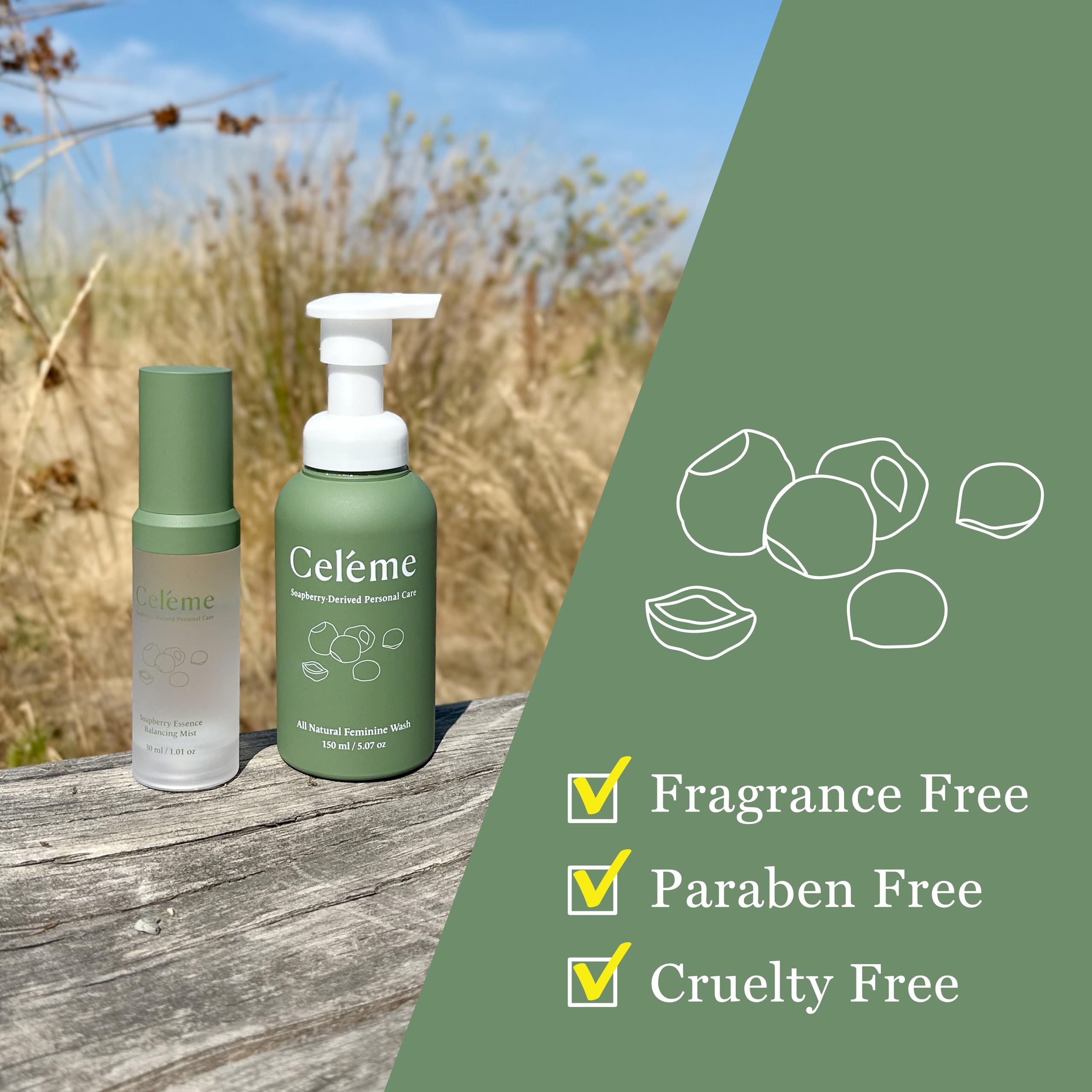 Celéme hypoallergenic cleanser scene suggests safe use for sensitive skin types.