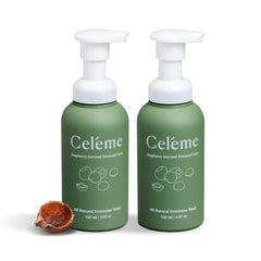 Celéme Soapberry foaming wash bottle shows a gentle, pH-balanced cleanse for sensitive skin.