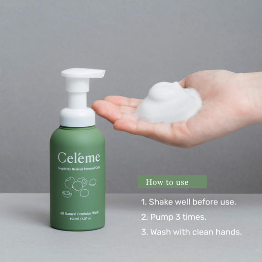 Celéme Soapberry foaming wash pump demonstrates easy, on-the-go cleansing for daily intimate care.