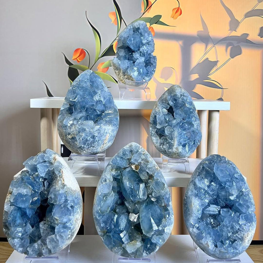 Authentic natural Celestine cluster raw geode shows unique formation variations.