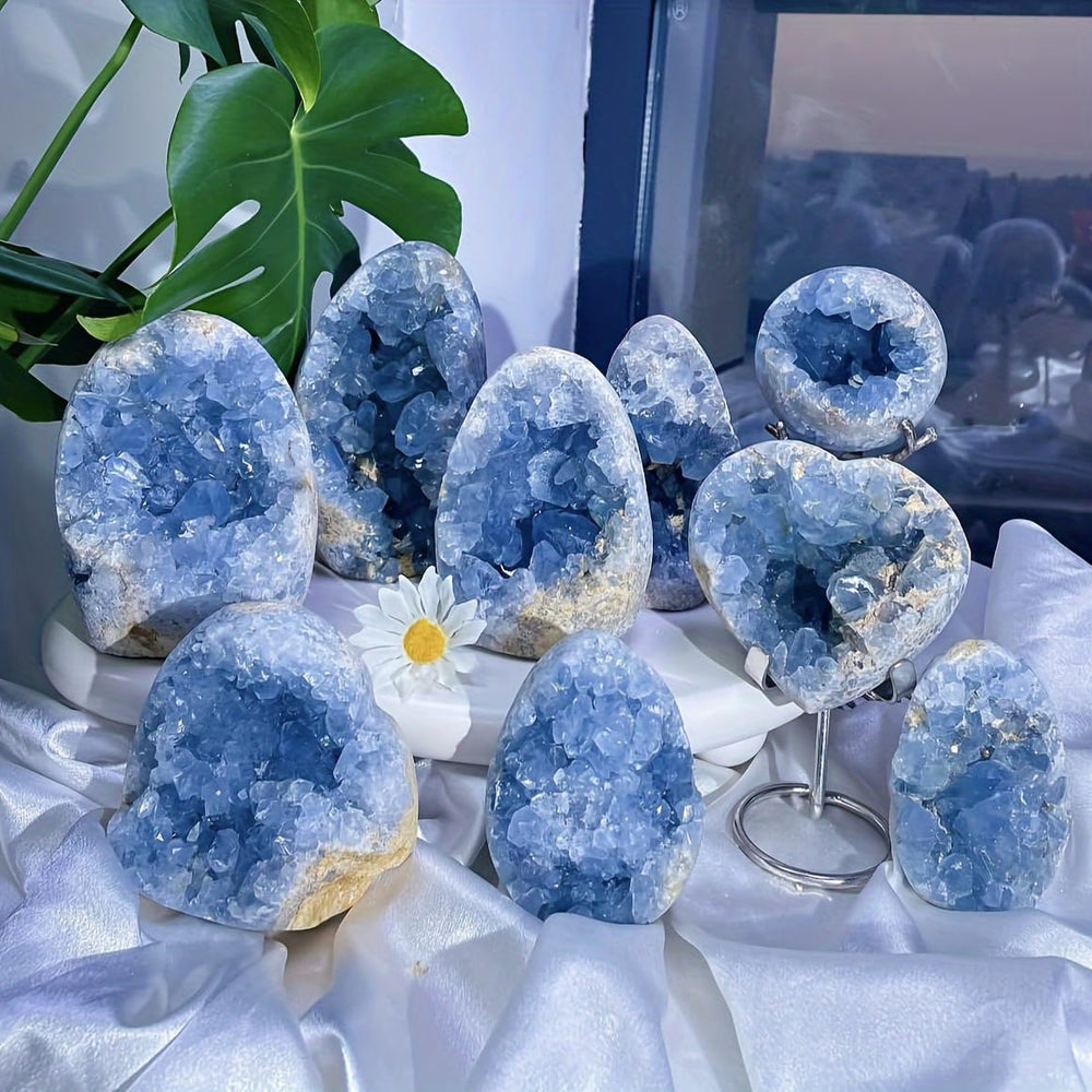 Natural Celestine cluster packaged safely as a premium collector's gift.