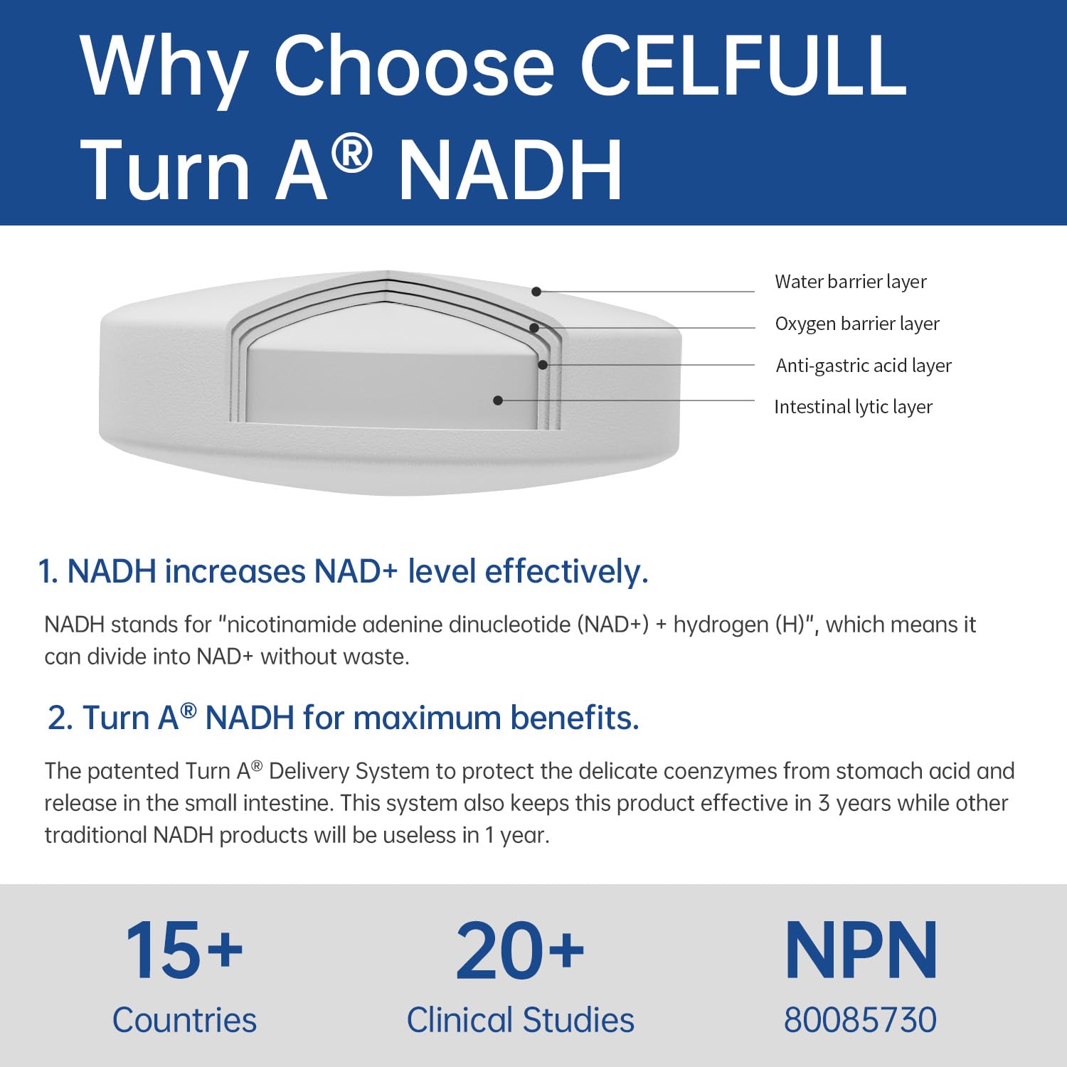 CELFULL NADH tablet close-up shows stable formulation