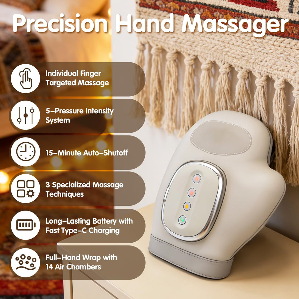 Celinfto hand massager featuring 5 compression levels for personalized relief.