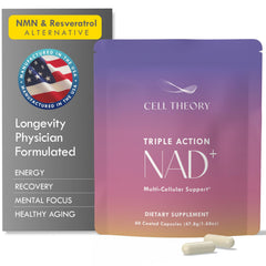 Cell Theory NAD Plus bottle front showing liposomal formula for steady energy