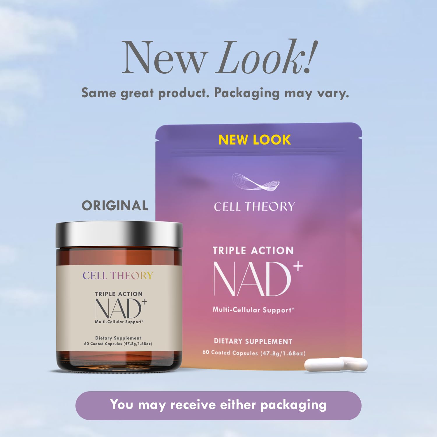 Cell Theory NAD Plus bottle with glass of water demonstrates easy daily use