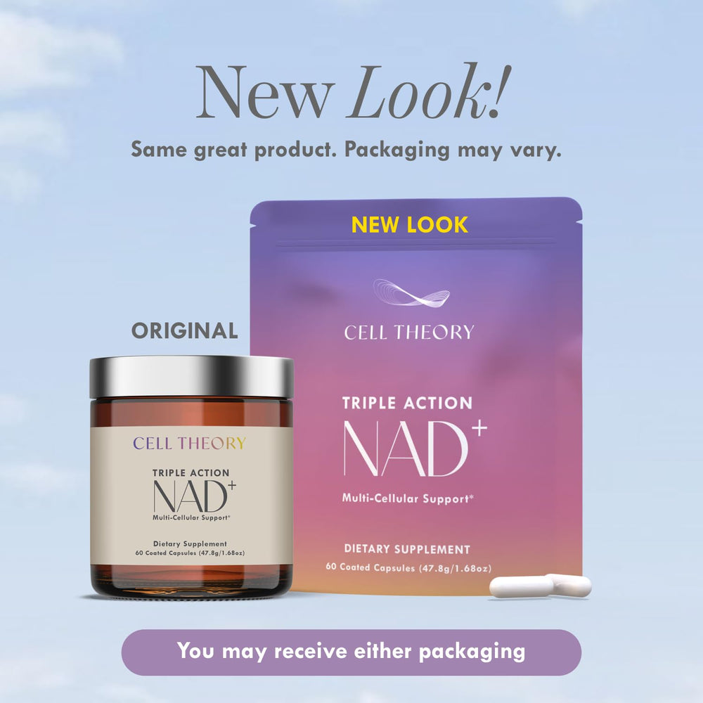Cell Theory NAD Plus bottle with glass of water demonstrates easy daily use