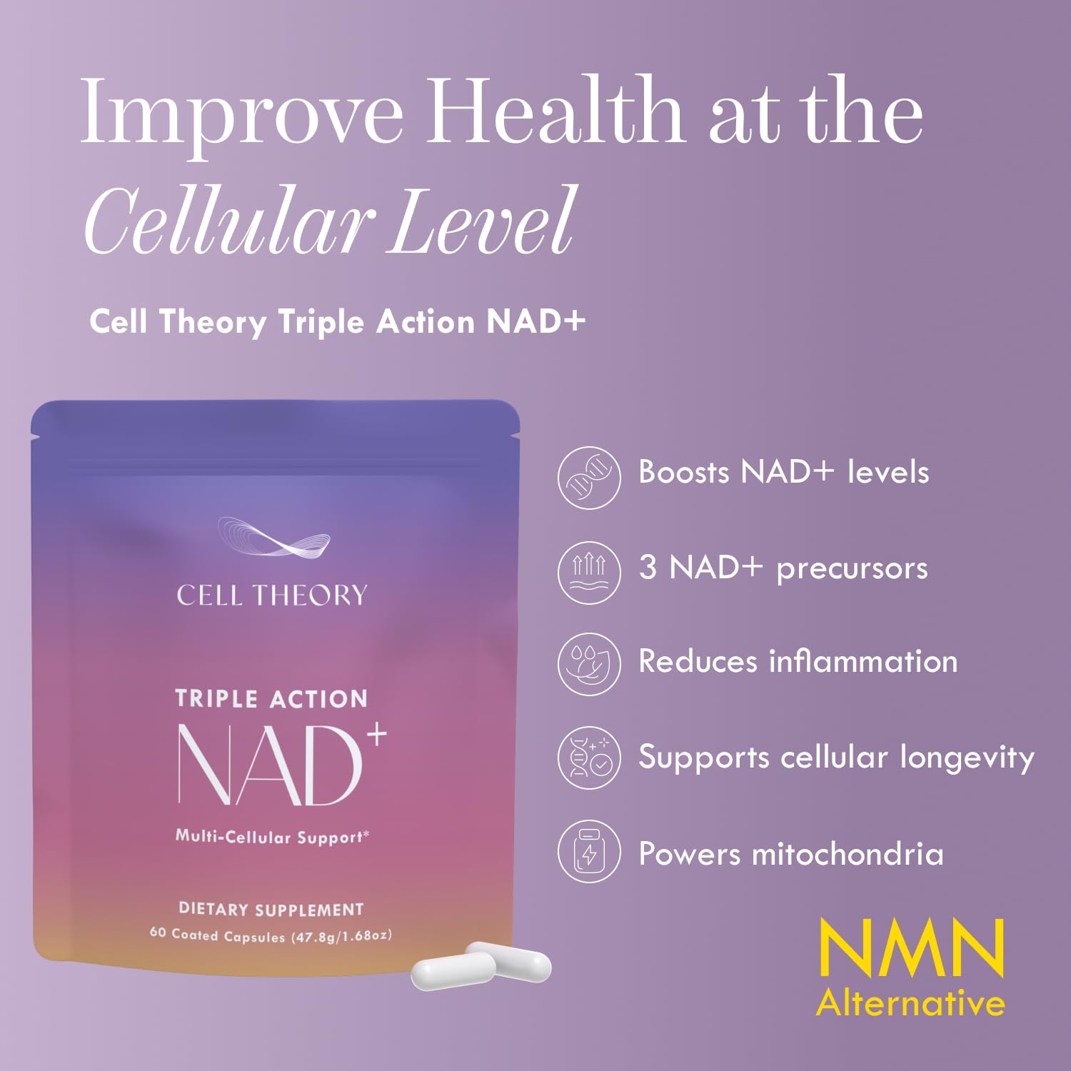 Cell Theory NAD Plus label closeup highlights polyphenol antioxidant components