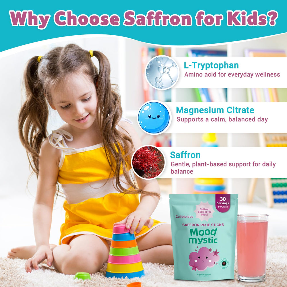 Cellbiolabs Saffron for Kids Pixie Stick box shown for a convenient daily routine.