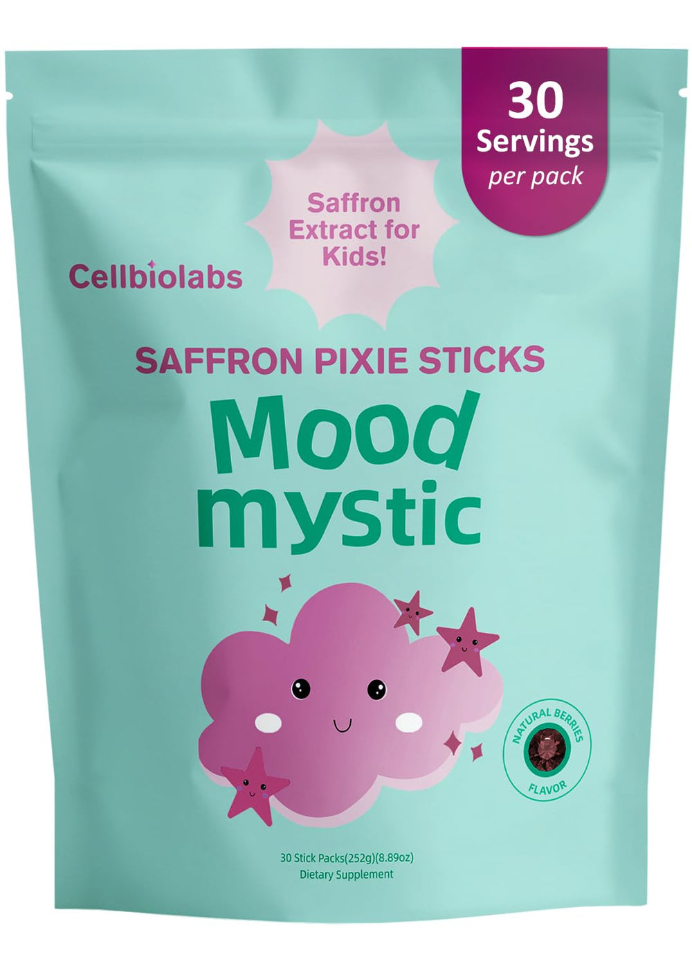 Cellbiolabs Saffron for Kids Pixie Stick pack ready to mix for a sugar-free fruity drink.