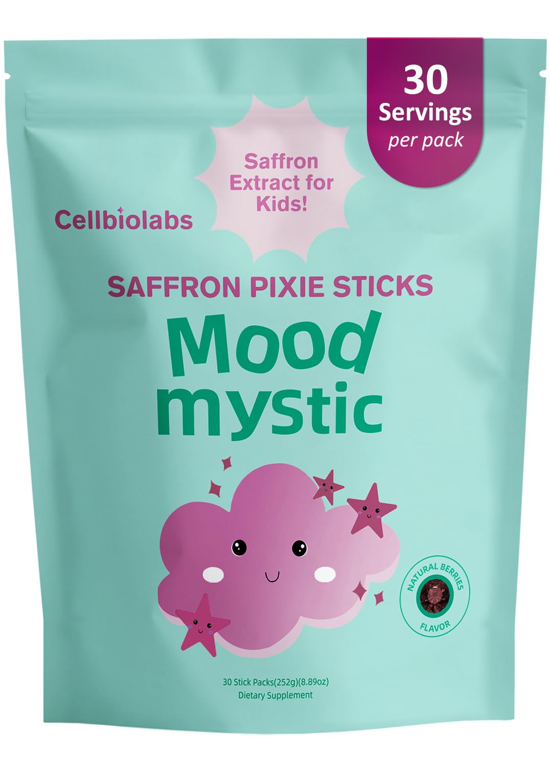 Cellbiolabs Saffron for Kids Pixie Stick pack ready to mix for a sugar-free fruity drink.