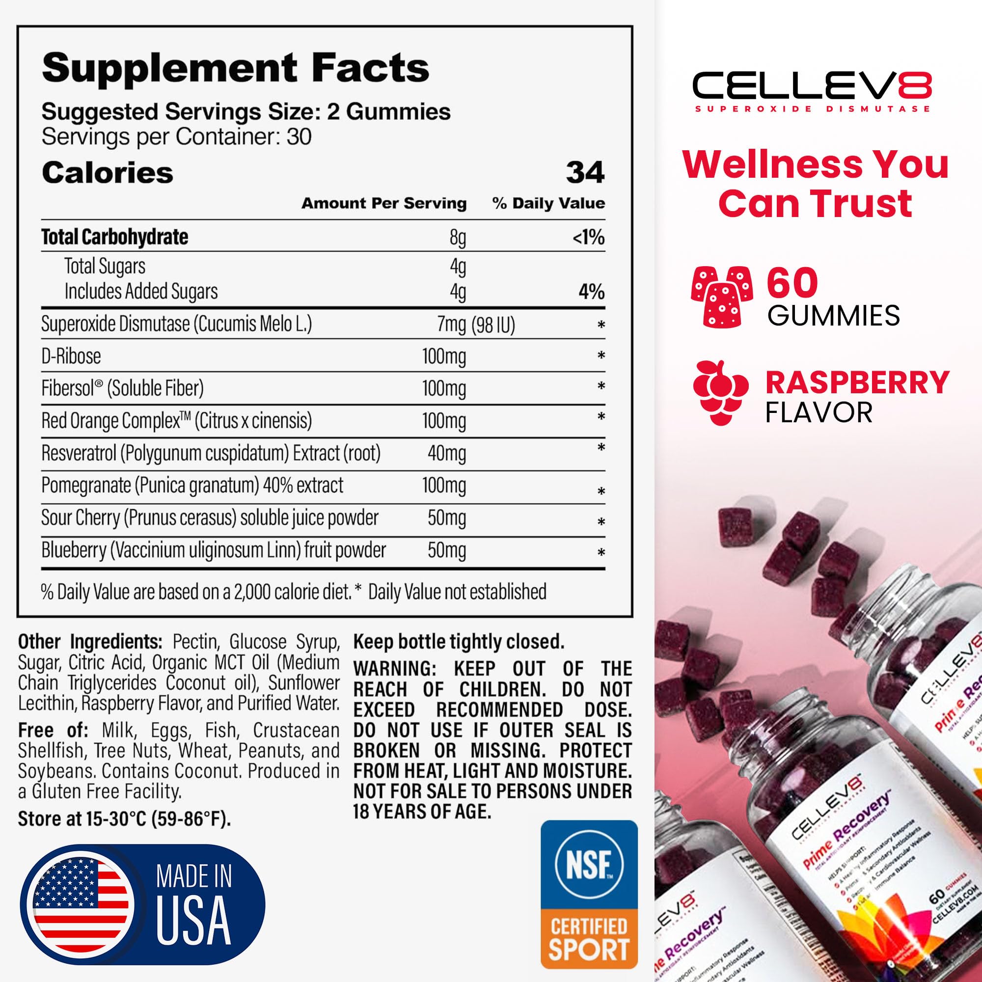 Cellev8 Prime Recovery bottle back panel with ingredient list.