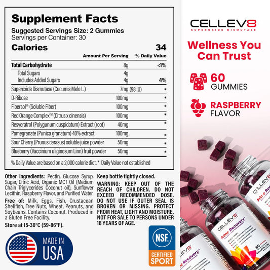 Cellev8 Prime Recovery bottle back panel with ingredient list.