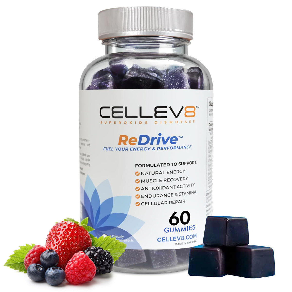 Cellev8 ReDrive bottle shows raspberry flavor for daily energy