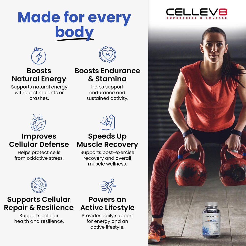 Cellev8 ReDrive dosing pack displaying 60 gummies for daily use