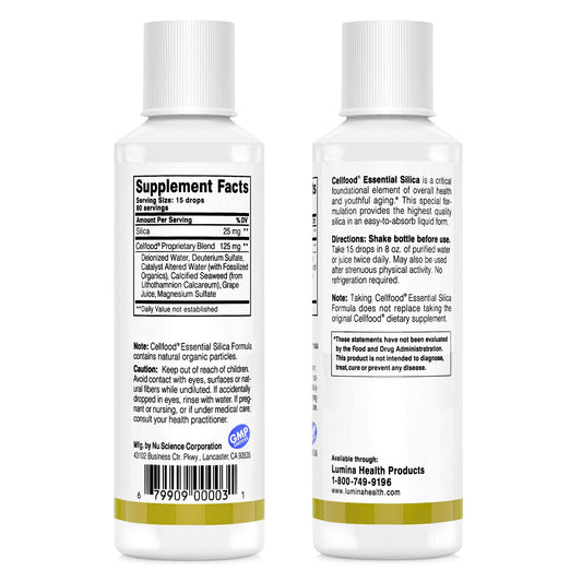 Close-up of Cellfood Essential Silica label highlighting gluten-free and non-GMO