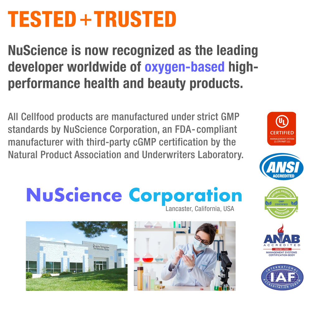 Cellfood back label detail showing ingredients and certifications