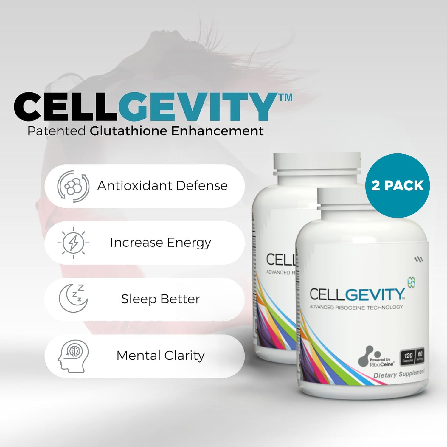 CELLGEVITY capsules pouring to illustrate easy daily dosing