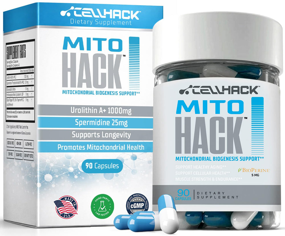 CellHack MITOHACK bottle pour showing easy daily dosing for steady energy