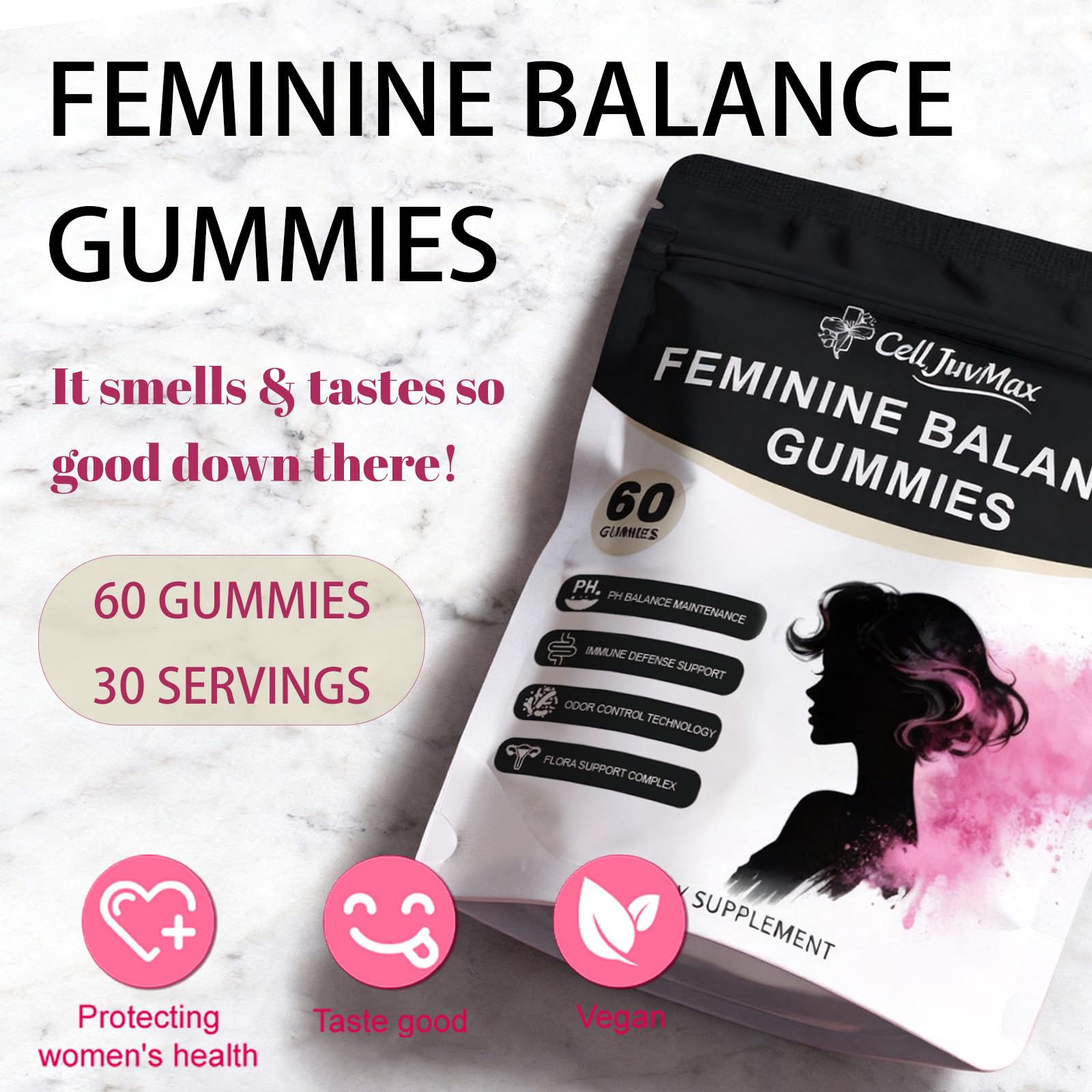 CellJuvMax Feminine Balance label shows vegan and gluten-free benefits for health-conscious users.