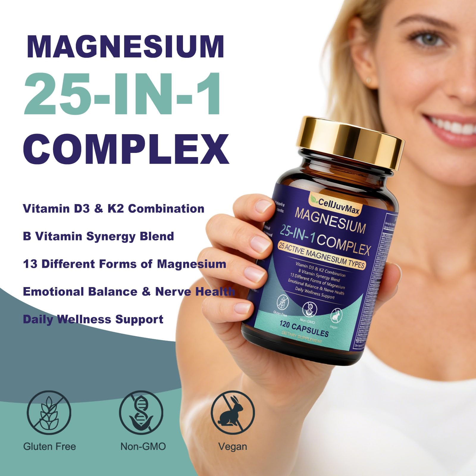 CellJuvMax bottle in hand conveys on-the-go wellness for cramps and stress management.