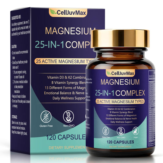 CellJuvMax Magnesium 25-in-1 bottle shows the high-absorption blend for muscles and nerves.