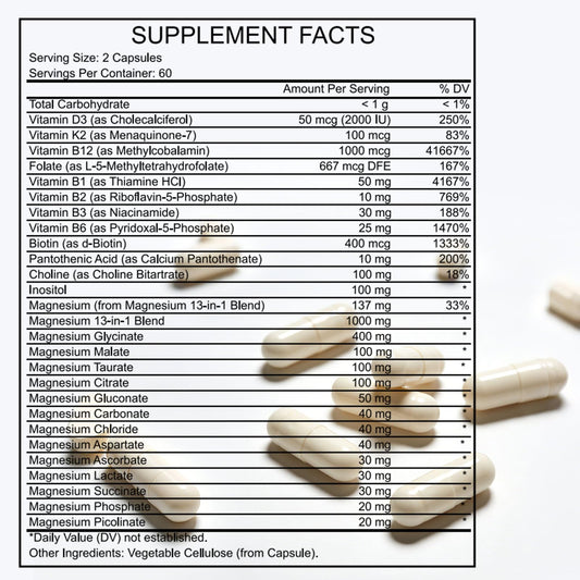 Close-up of CellJuvMax capsules highlights glycinate and citrate for absorption.