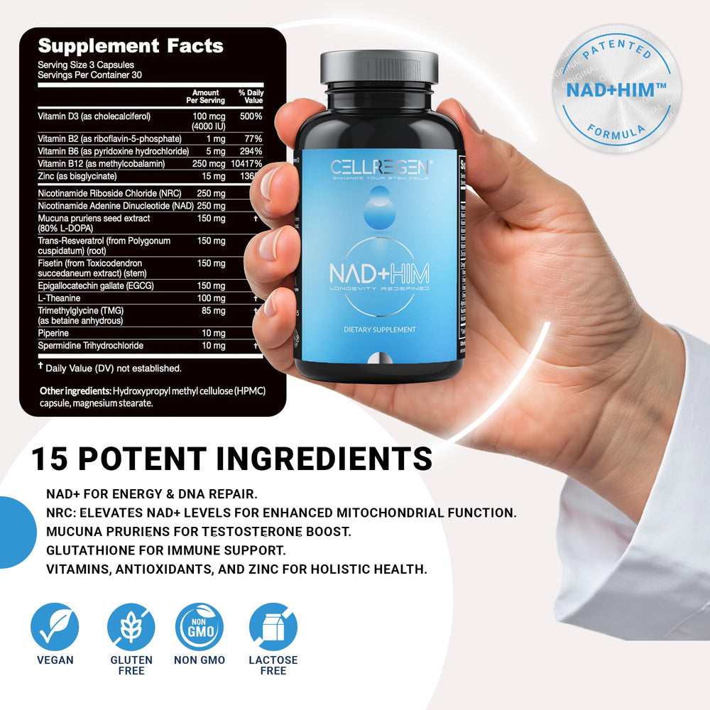 Cellregen NAD HIM capsules close-up showing daily dosage potential