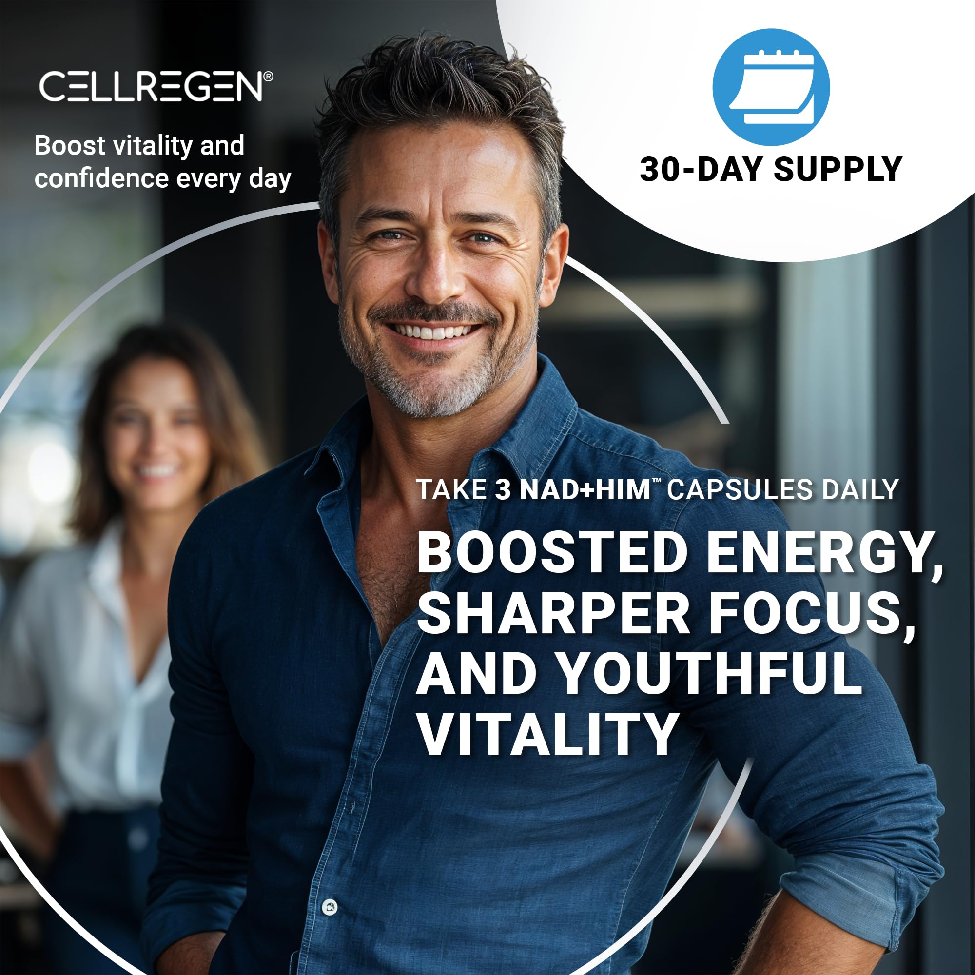 Cellregen NAD HIM gluten-free and non-GMO badge on label