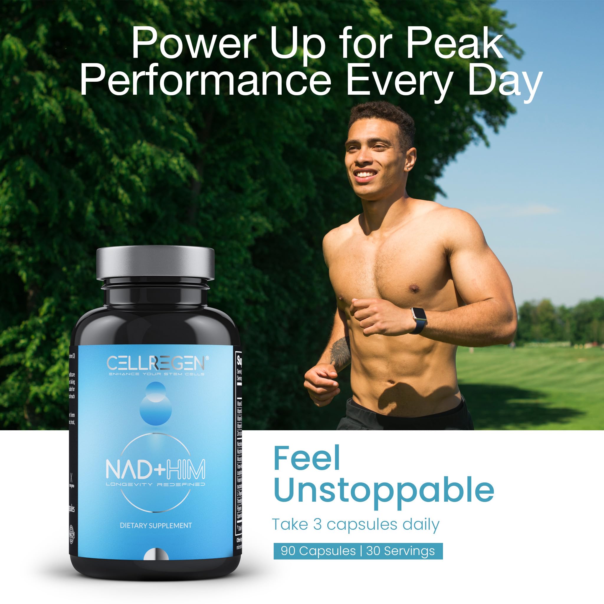 Cellregen NAD HIM bottle with glass of water for daily use