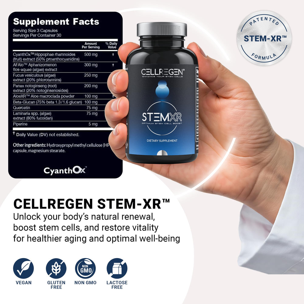 Cellregen StemXR bottle label displays vegan and gluten-free information for mindful shoppers.