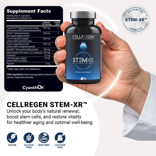 Cellregen StemXR bottle label displays vegan and gluten-free information for mindful shoppers.