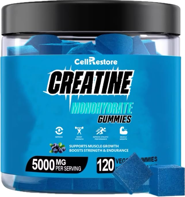 CellRestore Creatine Monohydrate Gummies bottle with blueberry flavor offering convenient strength support.