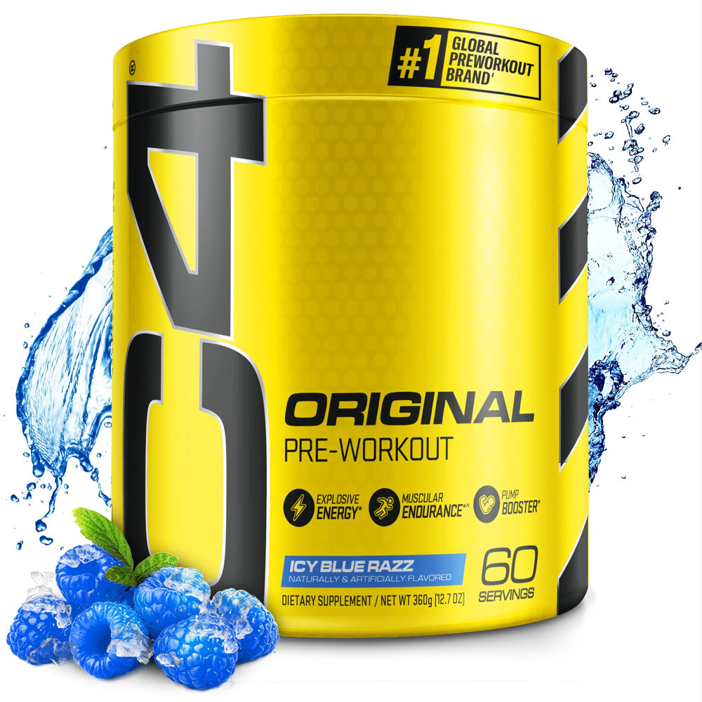 Cellucor C4 Original Icy Blue Razz bottle shows energized workout potential