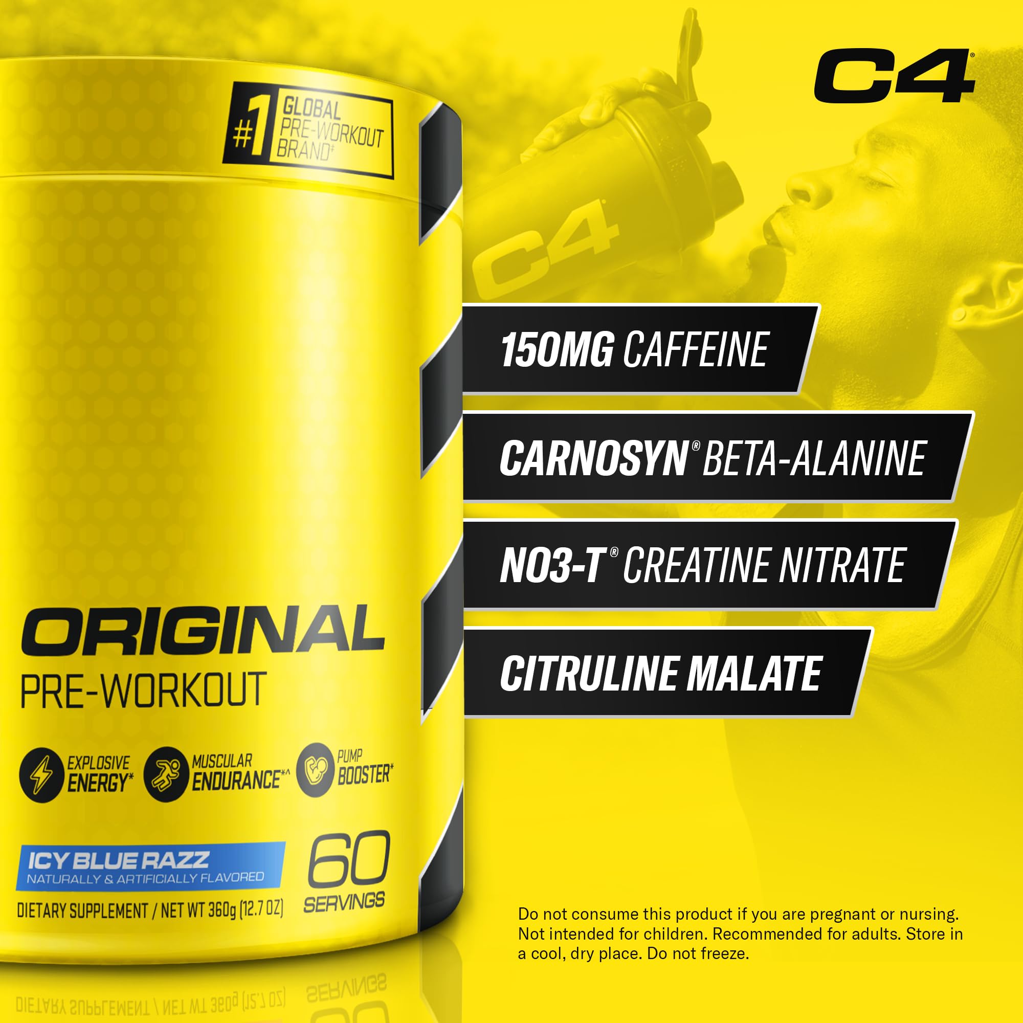 Cellucor C4 Original Icy Blue Razz tub highlights zero sugar formula and caffeine