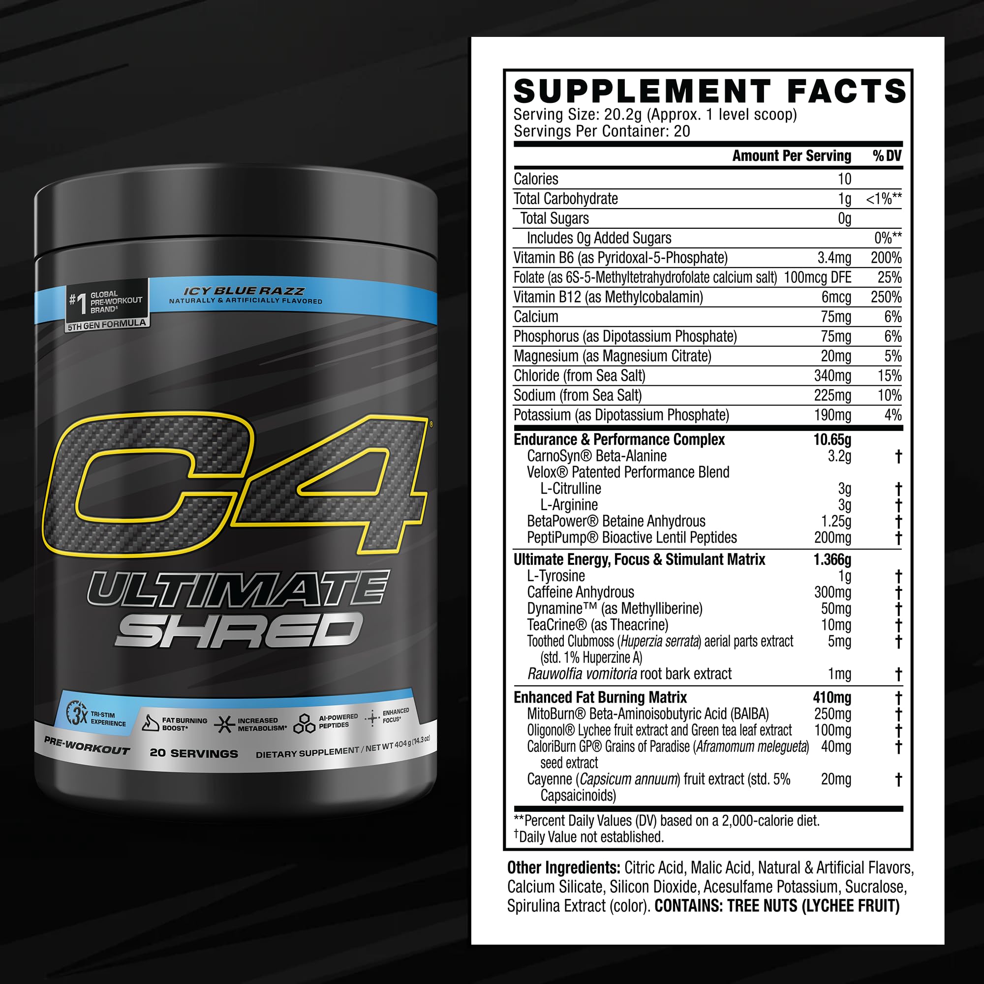 Cellucor C4 Ultimate Shred ice blue razz glass reveals refreshing flavor for focus.